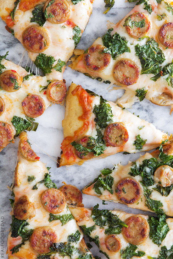 Balsamic Kale & Chicken Sausage Pizza via Real Food by Dad
