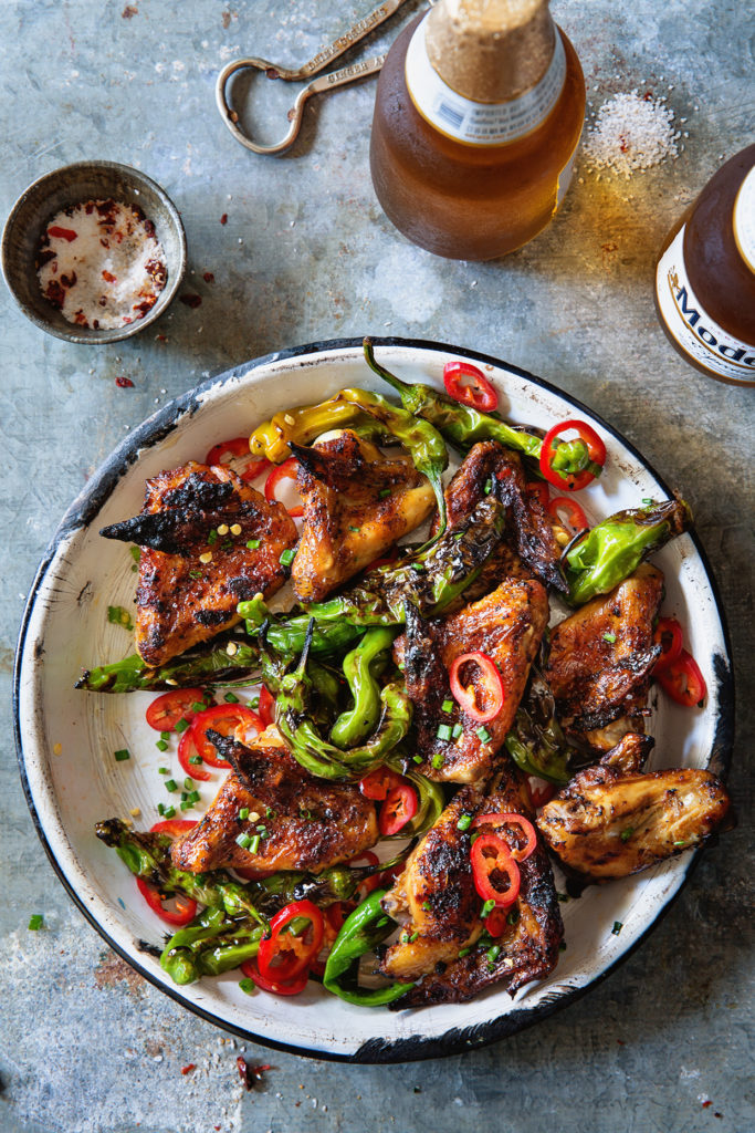 Grilled Chicken Wings with Shishito Peppers