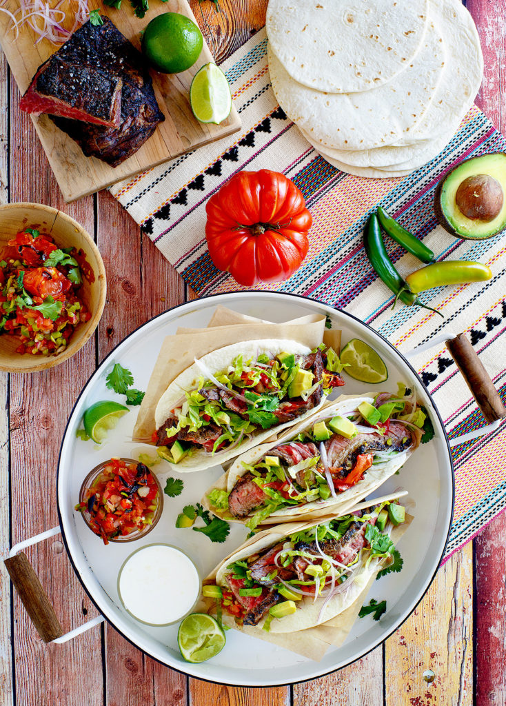 Grilled Skirt Steak Tacos with Roasted Tomato Salsa